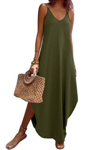 Image of Zeagoo Women's Casual Sundress Summer Maxi Sleeveless V Neck Split Boho Beach Dress Travel Vacation Dress with Pockets