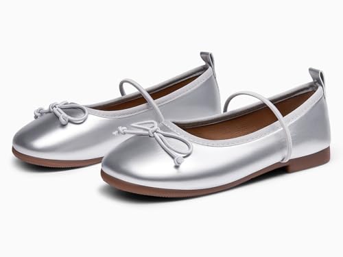 Haloumoning Girls Mary Jane Shoes Kids Bow Slip On Ballet Flats Wedding Party Dress Shoes, Silver, Size 1 by Haloumoning - Image 2