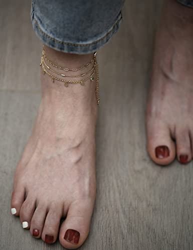 Chain Gold Ankle Bracelets For Women 14K Gold Plated Anklet Gold Bead Tube Chain Anklet Round Coin Disc Handmade Paperclip Chain Dainty Layered Anklet Set 3Pcs #TOP4