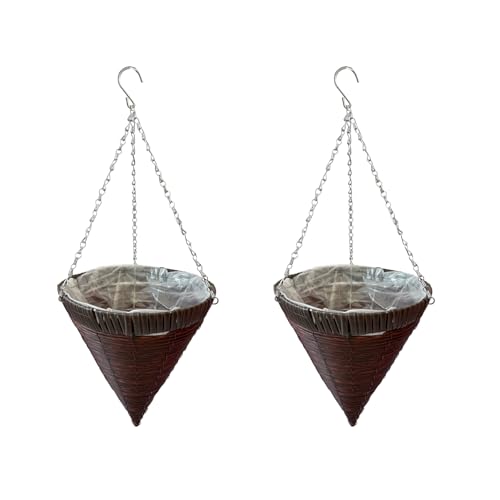 KIUBARCI 12 Inch Cone Shaped Hanging Baskets – Durable Cone Hanging Baskets for Plants Outdoor, Weather-Resistant Hanging Planters for Outdoor Plants with Chain Hooks and Liner (2 Pieces)