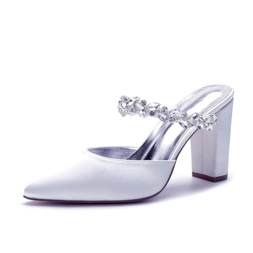 Womens Chunky High Heel Bridal Wedding Shoes with Rinestone Chains