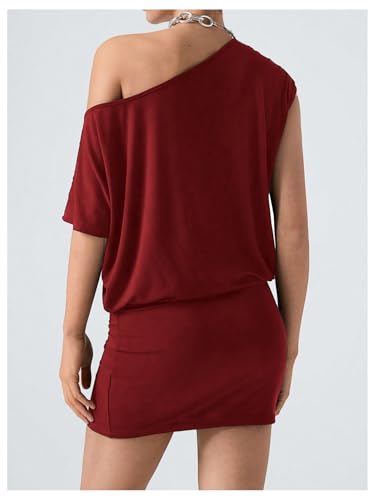 Image of SOLY HUX Women's Off The Shoulder Mini Dress Going Out Asymmetrical Neck Short Sleeve Casual Bodycon T Shirt Dresses