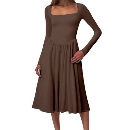 Vestido largo para mujer, elegante cuello cuadrado, atemporal, vestido midi con lazo en la cintura para uso casual, manga larga, vestido de fiesta, vestidos de verano para mujer, marrón, XL