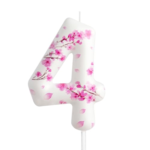 Vela de cumpleaños número 4, vela de cerezo en flor de cerezo, decoración de tartas, suministros de fiesta de cumpleaños, decoración de pastel con temática de Sakura blanco y rosa, decoración para