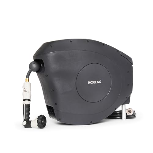 HOSELINK Charcoal 50ft Hi-Flow Automatic Retractable Hi-Flow Garden Hose Reel, 9/16”, UV-Stabilized Kink-Free Hose, Wall Mounted Complete Watering Solution for Backyard, Garden & Outdoor