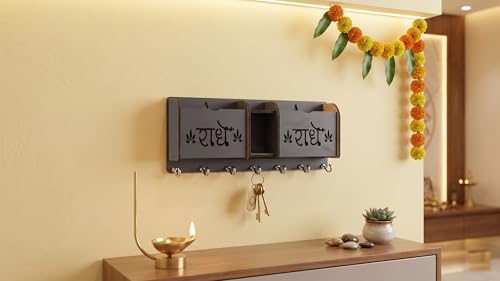Image of Radhe Radhe Key Holder with 7 Hooks & 3 Compartments | Laser Cut Wall Mounted Mail Organizer, Key Stand & Mobile Holder for Home, Office, Entryway Decor (Matte Black, 22x9x4 cm) (Radhe Radhe)