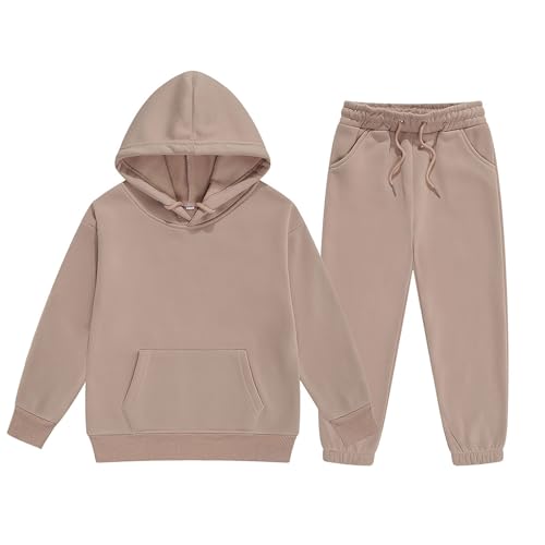 Girls Sweatsuit 2 Piece Outfit Hooded Long Sleeve Kangaroo Pocket Toddler Fall Outfits Kids Pullover (Beige, 2-3 Years)