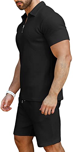 Kuyigo Men's Polo Shirt And Shorts Set Summer Beach Outfits Fashion Casual Short Sleeve Polo Suit For Men 2 Piece Shorts Tracksuit Black Large #TOP2