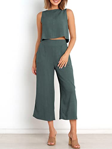 Image of ANRABESS Women's Summer 2 Piece Outfits Sleeveless Tank Crop Button Back Top Cropped Wide Leg Pants Set Pockets