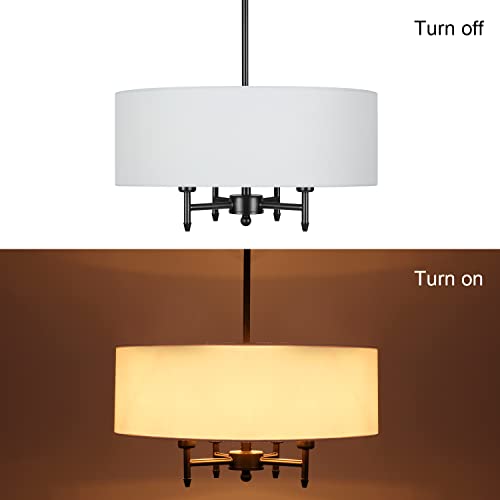 Eco-Homely Classic 4-Light Drum Lighting Chandelier Modern Black Pendant Light With White Fabric Shade For Kitchen Island, Foyer, Living Room Dia 18 #TOP5