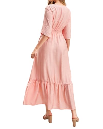 Image of Women's Summer Short Sleeve Maxi Floral Flowy Dresses with Pockets