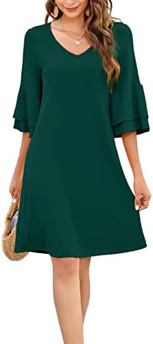 Gracyoga Women's Summer Cute V-Neck Ruffle Bell Sleeve Flowy Shift Dress Tunic Dress Mini Dresses DarkGreen