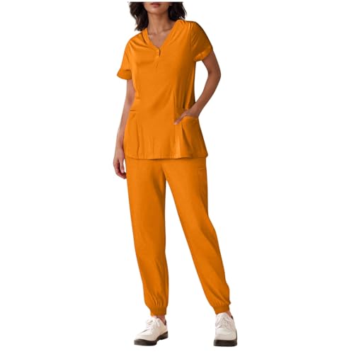 Scrubs for Women Set Summer Medical Uniform Stretch Short Sleeve V-Neck Scrub Top & Jogger Pant with Pockets Yellow