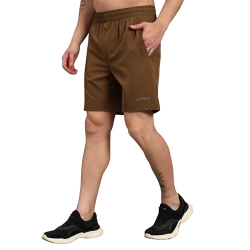Image of ATICX Polyester Shorts for Men - Quick Dry Lightweight with Zipper Pockets - Gym, Running, Jogging, Training Half Pants for Basketball, Swimming, Badminton, Cycling, Football, Outdoor & Home Wear