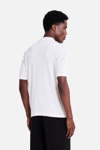 Image of SNITCH Men Knitted Polo T-Shirt | Geometric Pointelle Textured Knit & V-Placket Polo Collar | 100% Cotton Breathable Summer Knit, Casual Resort Wear
