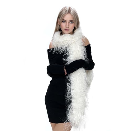 Greenery-GRE Womens Faux Fur Feathered Long Scarf Fuzzy Plush Oversize Stole Scarf Shawl Thick Winter Warm Wrap Partywear