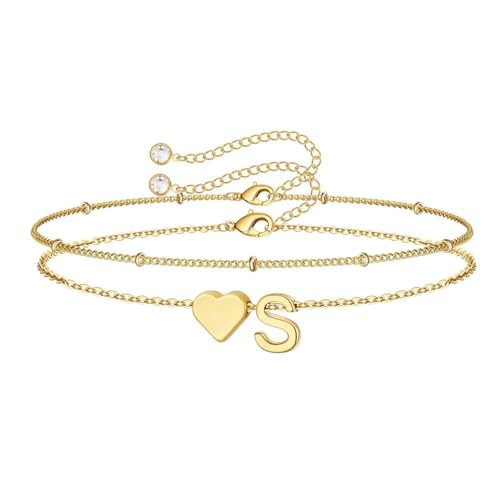 Image of M MOOHAM Easter Basket Stuffers Gifts for Kids Teens Girls - 14K-Gold-Plated Heart Initial A-Z Bracelets for Women Girl Dainty Gold Bracelets Birthday Easter Gifts for Women Teenage Girls Kids Teens