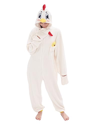 NEWCOSPLAY Unisex Adult White Chicken Onesie Pajamas Animal One Piece Halloween Costume Cosplay Sleepwear (White Chicken Medium)