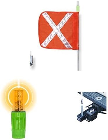 Bundle of Warning Whip Safety Flag with 8' Pole + Flashing Amber LED + Hitch Mount With Pigtail Connector - Part Numbers FS8XL-O, WLFS.4LED.AF and FS7015-PT