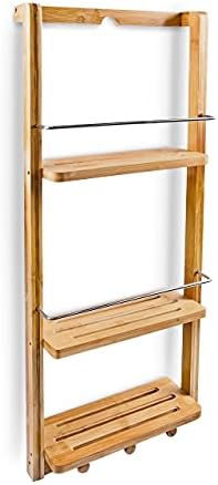 Relaxdays Wall-Mounted Bathroom Rack, With 3 Shelves And 3 Hooks, Bamboo, Includes Rail, Natural Brown