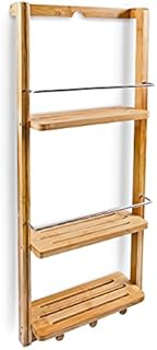 Relaxdays Wall-Mounted Bathroom Rack, With 3 Shelves And 3 Hooks, Bamboo, Includes Rail, Natural Brown