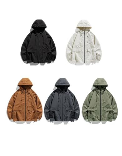 Dninmim Men's Outdoor Hooded Zip-Up Jacket Patchwork Casual Loose Windbreaker Couple Thin Cardigan2