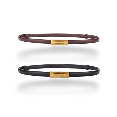 Women's Belt Adjustable Skinny Genuine Leather Belts For Dress Pants, Slim Waist Belt Gold Bronze Buckle Waistband