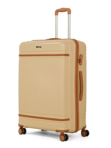Image of Teakwood Large Size 8 Wheels Trolley Bag, Hard Cabin with Zipper Closure, Adjustable Push Button & Cross Side Strap, Number Lock System 360 Degree (Large, Beige)
