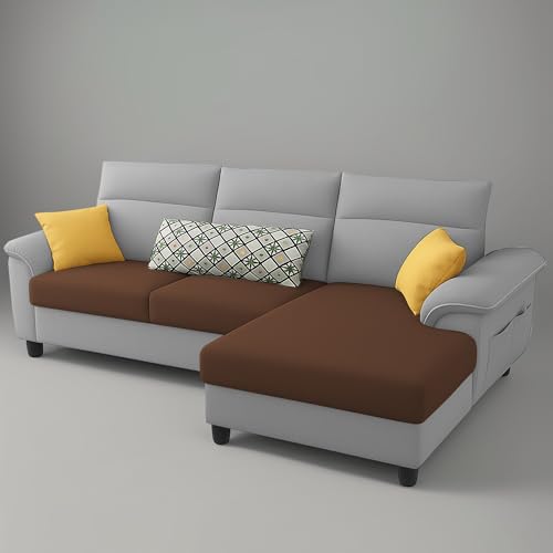 Image of Casaliving Seams RHS 4 Seater L Shape Sofa for Living Room (Brown Grey Fabric) Premium Fabric Sofa
