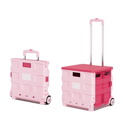 Pink Portable Folding Shopping Cart with Lid - Versatile Wheeled Trolley for Supermarket, Camping, Storage & Easy Cleaning, Large Capacity Utility Cart for All Occasions.