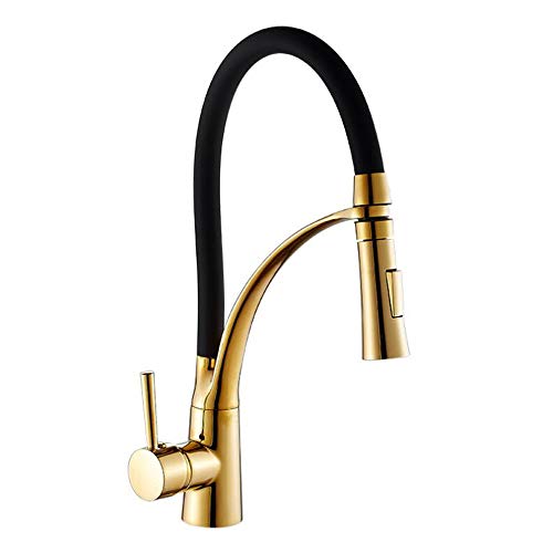 FHMING Mitigeur de cuisine extensible doré et noir avec douchette extractible, robinet de cuisine monocommande pivotant à 360° en laiton