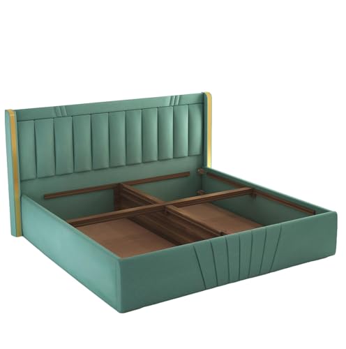 Image of Premium King Size Upholstered Bed with Storage | Solid Wood Platform Bed with Premium Cushion Headboard for Modern Bedrooms | Durable Frame, Easy Maintenance & Stylish Design | Green