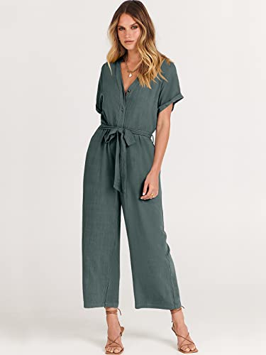 Anrabess Women's Summer Short Sleeve Button V Neck Waist Belt Straight Wide Leg Jumpsuits Hidden Pockets 544Shenhui-M #TOP1