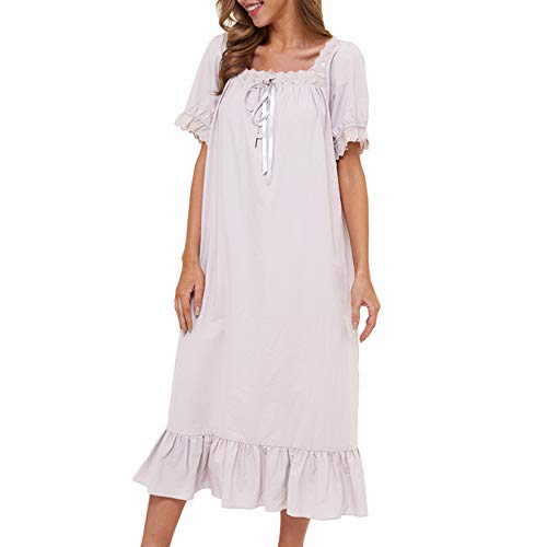 Image of Lu's Chic Women's Victorian Nightgown Cotton Sleepwear Long Loungewear Short Sleeve Vintage