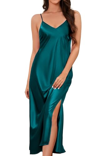 Image of ALCEA ROSEA Women's Long Satin Slip Dress Nightgowns Sexy Lingerie Adjustable Strap Midi Dress Silky Gown V Neck Under Dress