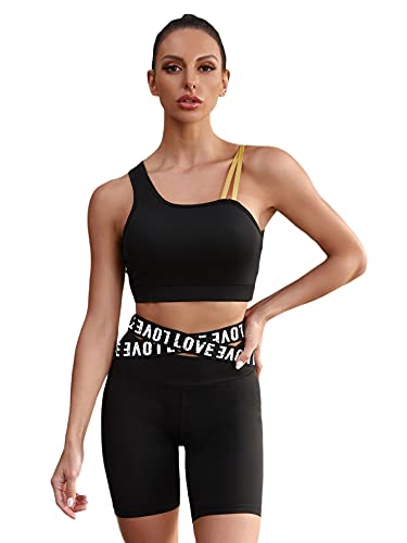 SheIn Women's Cut Out Asymmetrical Neck Medium Support Yoga Workout Sports Bra Black L