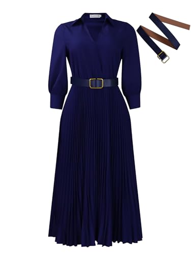 Image of Famnbro Womens Pleated Dress V Neck Long Sleeve A line Church Formal Works Business Dresses with Belt