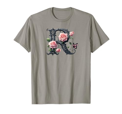 Letter R Initial Floral Monogram Rose Pink Flower Butterfly Camiseta