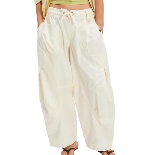 Womens Baggy Barrel Cargo Jeans Drawstring Elastic High Waisted Wide Leg Denim Pants with Pockets