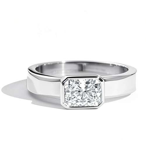 Personalized 925 Sterling Silver 1-3 ct Classic Radiant Cut Lab Grown Moissanite Diamond Bezel Set Side Stone Engagement Ring D Color VVS Clarity Size 3 to 15 for Women