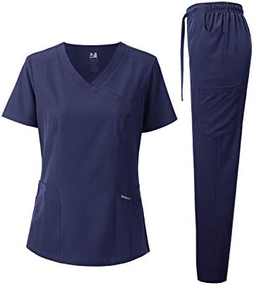 Dagacci Medical Uniform Women's Scrub Set 4-Way Stretch Y-Neck Stitch Tape Top and Pants (Navy Blue, Small)