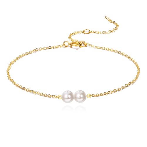 KECHO 14K Real Gold Freshwater Cultured Pearl Bracelet 14K Solid Gold Jewelry Anniversary Birthday Gift for Women