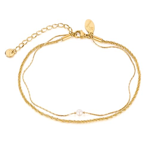 Bracelet de cheville pour femme en acier inoxydable doré et perles superposées