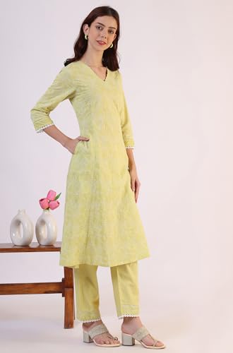 Image of W for Woman Embroidered Lace Cotton Blend Straight Kurta & Straight pant Set