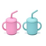 Imagination Junction 2 Pack 100% Silicone Baby Sippy Cups Tiny Silicone Drinking Training Cup with Handles & Straw for Baby and Toddler (blue?pink)