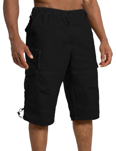 Aotoyou 3/4 Hose Herren Cargo Shorts Bermuda Kurze Hosen Sommer Herrenshorts Baumwolle Cargohose Kurz 3/4 mit Gummibund Schwarz 5XL
