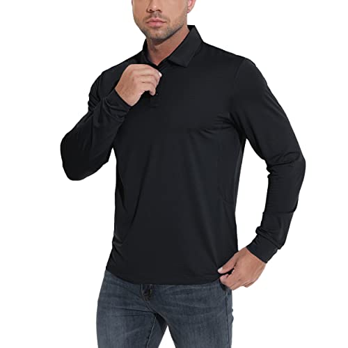 JIM LEAGUE Men's Golf Polo Shirts- Long Sleeve Dry Fit Athletic Tennis Fishing Polyester Shirt with Collar UPF50(Lightweight) Black