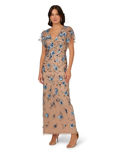 Adrianna Papell Women's Bead Mesh Column Dress, Mercury/Nude