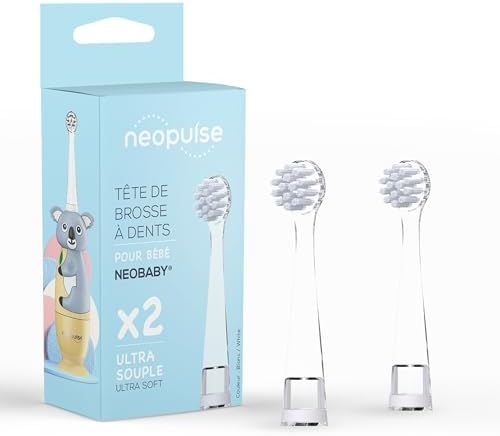 NEOPULSE® - Lot de 2 Recharges Têtes de Brosse Blanches Nylon Ultra-souples - Brosse à Dents Électrique Sonique Bébé NEOBABY® - De 0 à 3 ans -Dès la première dent - Adapté à la morphologie des bébés