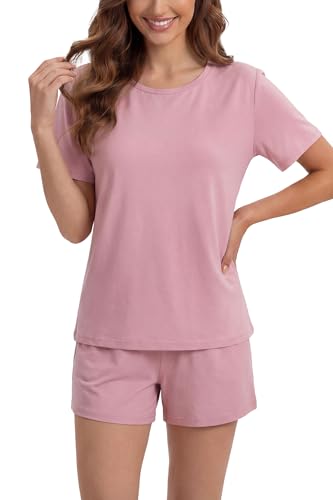 Image of LUBOT Pajamas for Women Set Bamboo Viscose with Cotton Cooling Soft 2 Piece PJ Sets Short Sleeve Nightwear S-2XL